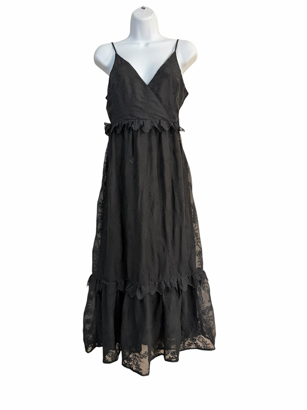 Blue Rain Black Embroidered Cocktail Party Dress Size Small Spaghetti Strap